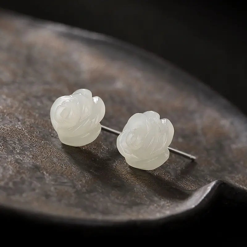S925 Silver White Rose Jade Stud Earrings for Women