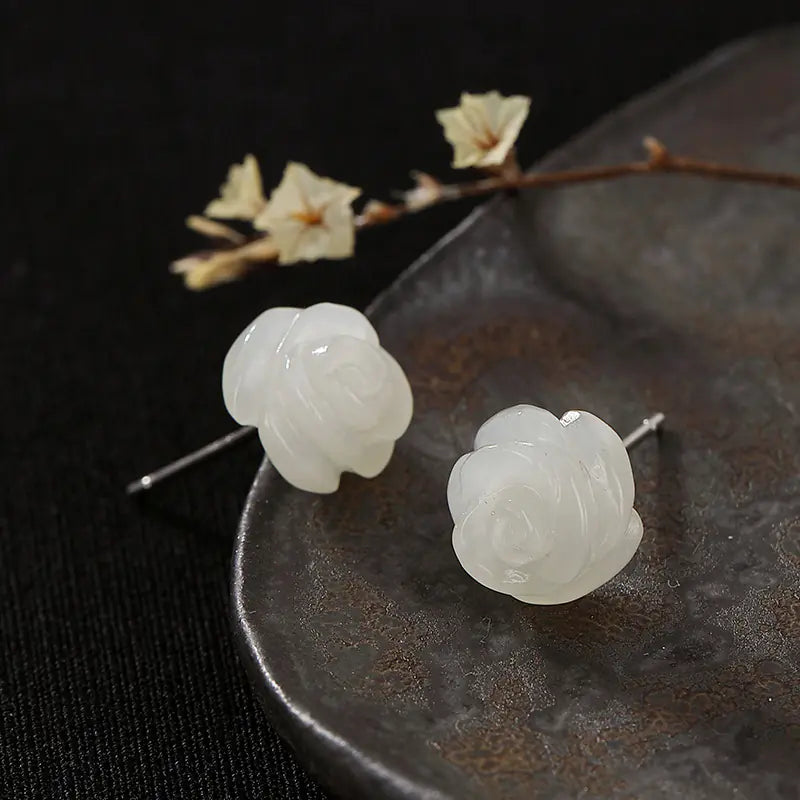 S925 Silver White Rose Jade Stud Earrings for Women