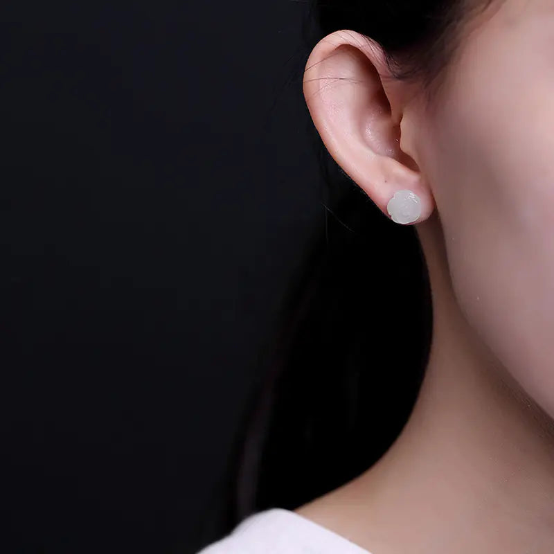 S925 Silver White Rose Jade Stud Earrings for Women